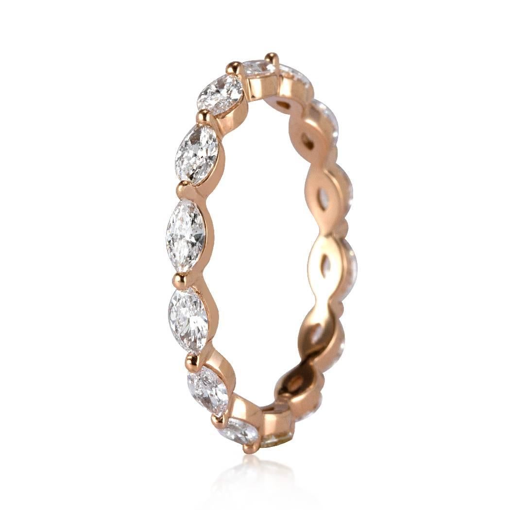This diamond eternity band is beautifully set with 1.00ct of marquise cut diamonds graded at E-F, VS1-VS2. The diamonds are perfectly matched and set with a single prong in 18k rose gold . All eternity bands are shown in a size 6.5. We custom craft