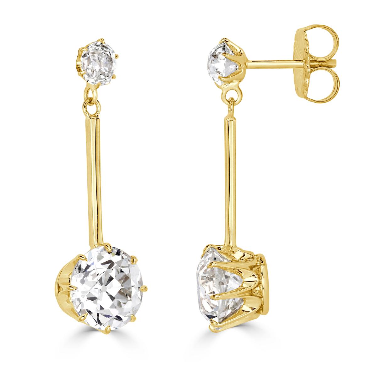 These gorgeous estate diamond dangle earrings features two superb old European cut diamonds with a respective weight of 4.41ct and 4.74ct. They are GIA certified at J-VS1 and J-VS2 and set in an eight-prong setting crafted in 18k yellow gold. The