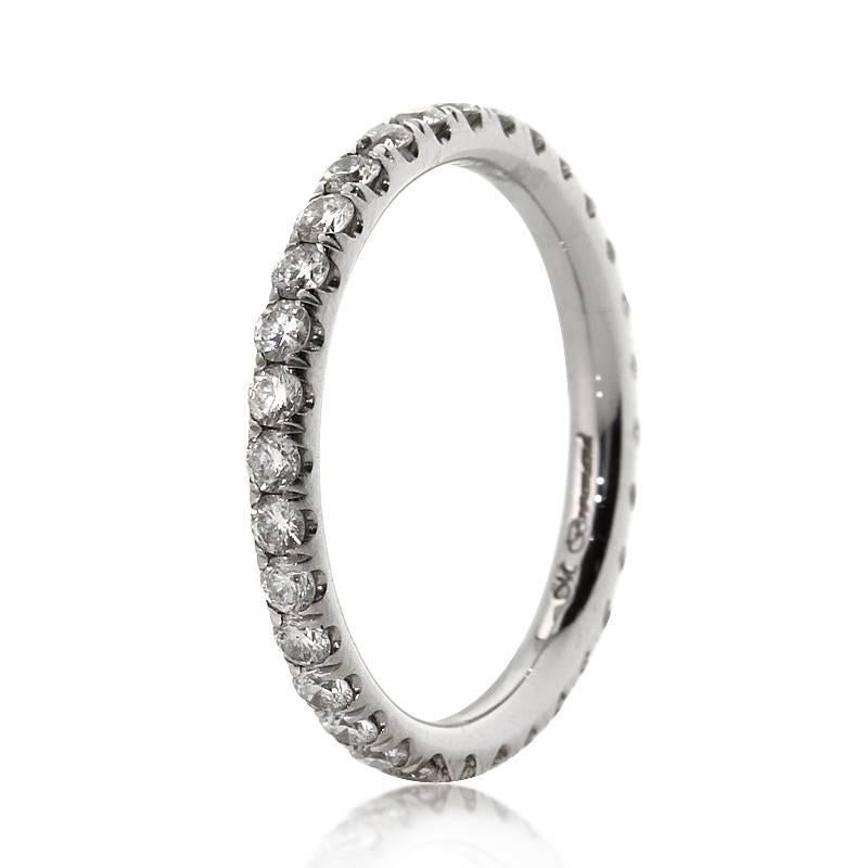This gorgeous diamond eternity band features 1.25ct of perfectly matched round brilliant cut diamonds micro pavé set in platinum. The diamonds are graded at E-F, VS1-VS2. All eternity bands are shown in a size 6.5. We custom craft each eternity band