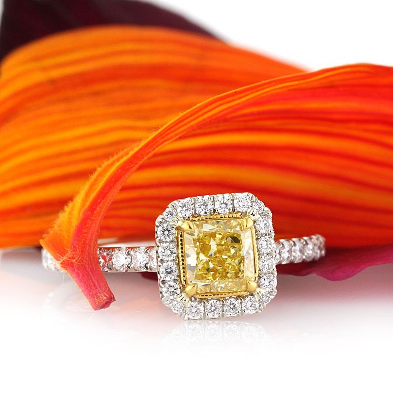 Mark Broumand 1.30 Carat Fancy Intense Yellow Radiant Cut Diamond Ring For Sale 1