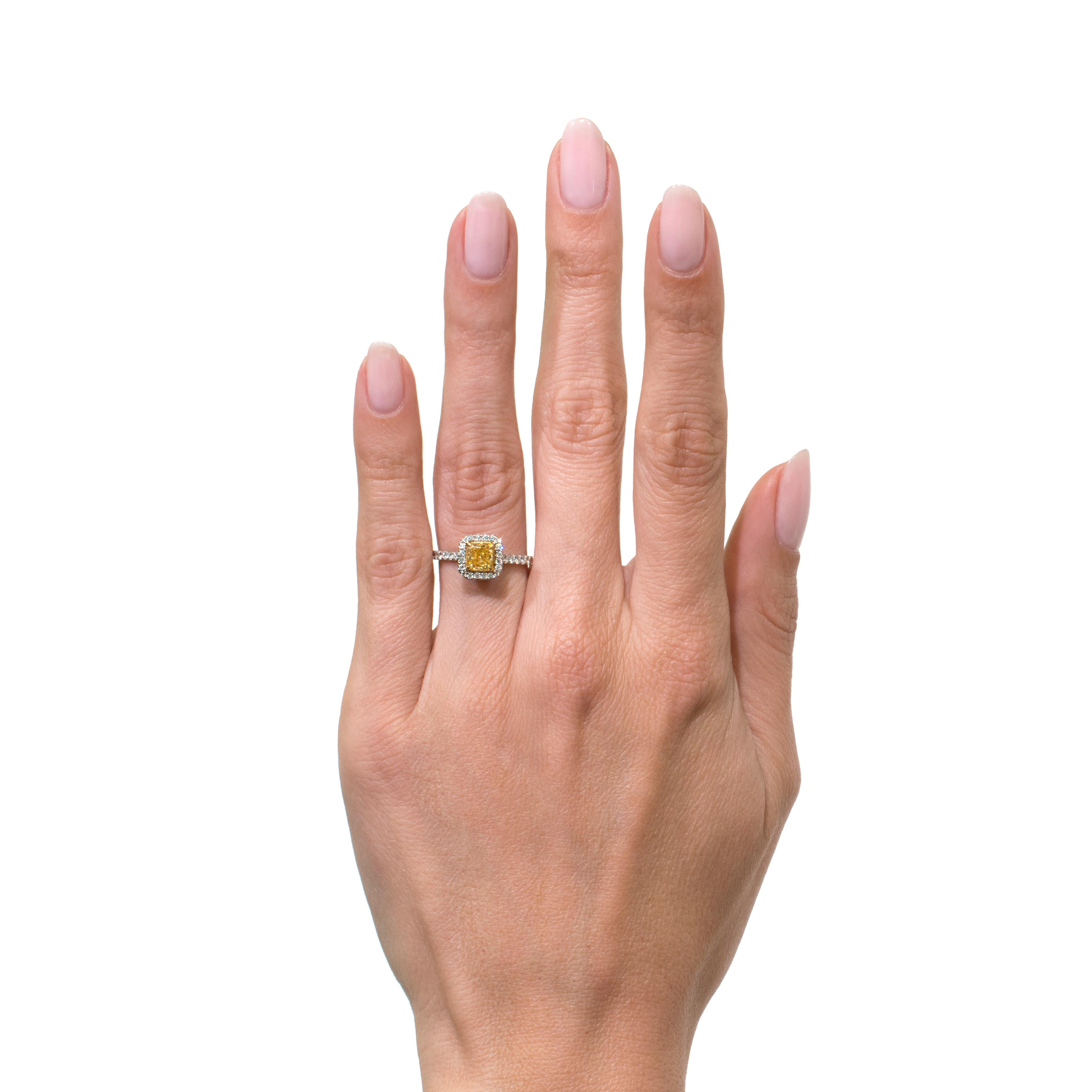 Mark Broumand 1.30 Carat Fancy Intense Yellow Radiant Cut Diamond Ring For Sale 2