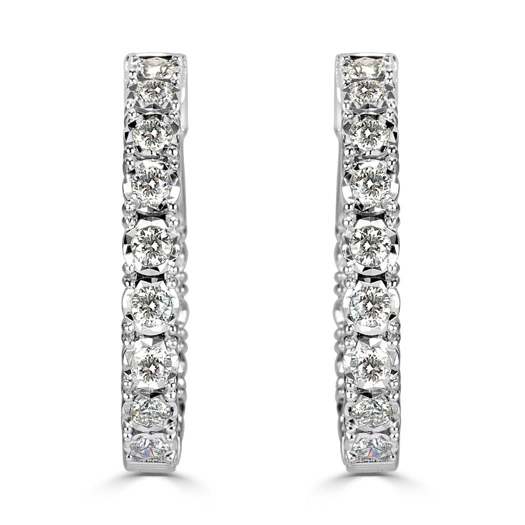Round Cut Mark Broumand 1.50Ct Round Brilliant Cut Diamond Hoop Earrings in 14K White Gold For Sale
