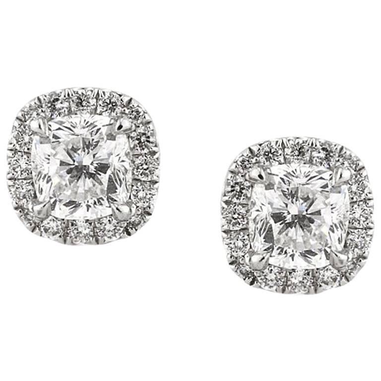 Mark Broumand 1.55 Carat Cushion Cut Diamond Stud Earrings For Sale