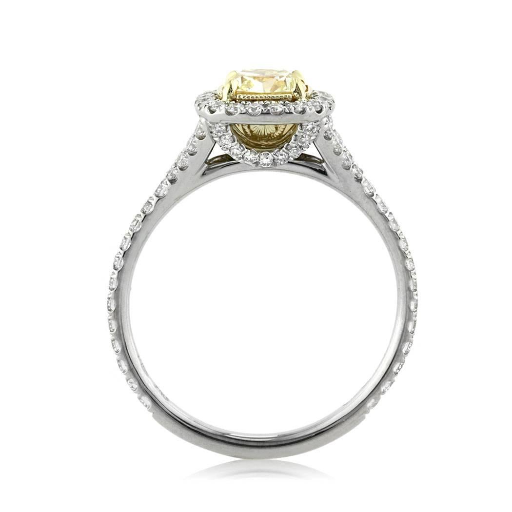 Modern Mark Broumand 1.57 Carat Fancy Yellow Cushion Cut Diamond Engagement Ring For Sale