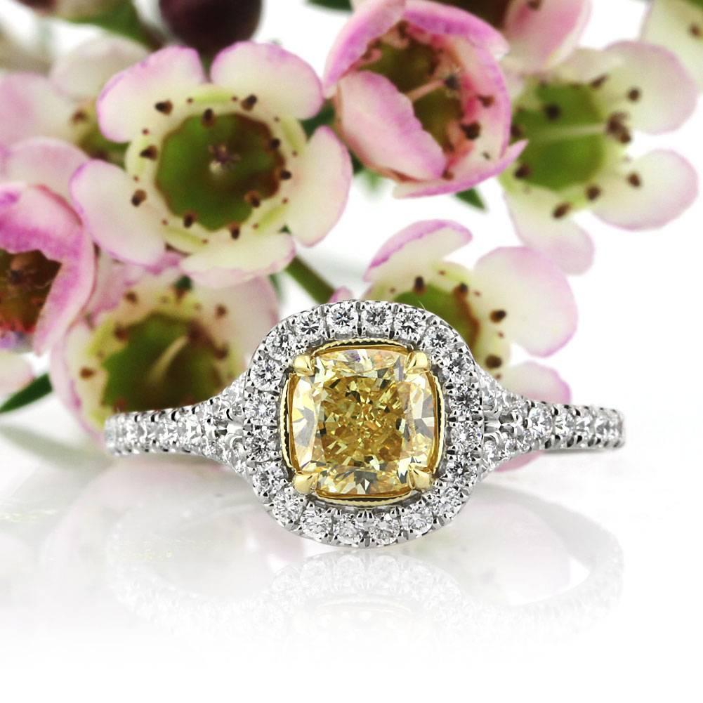 Mark Broumand 1.57 Carat Fancy Yellow Cushion Cut Diamond Engagement Ring In New Condition For Sale In Los Angeles, CA