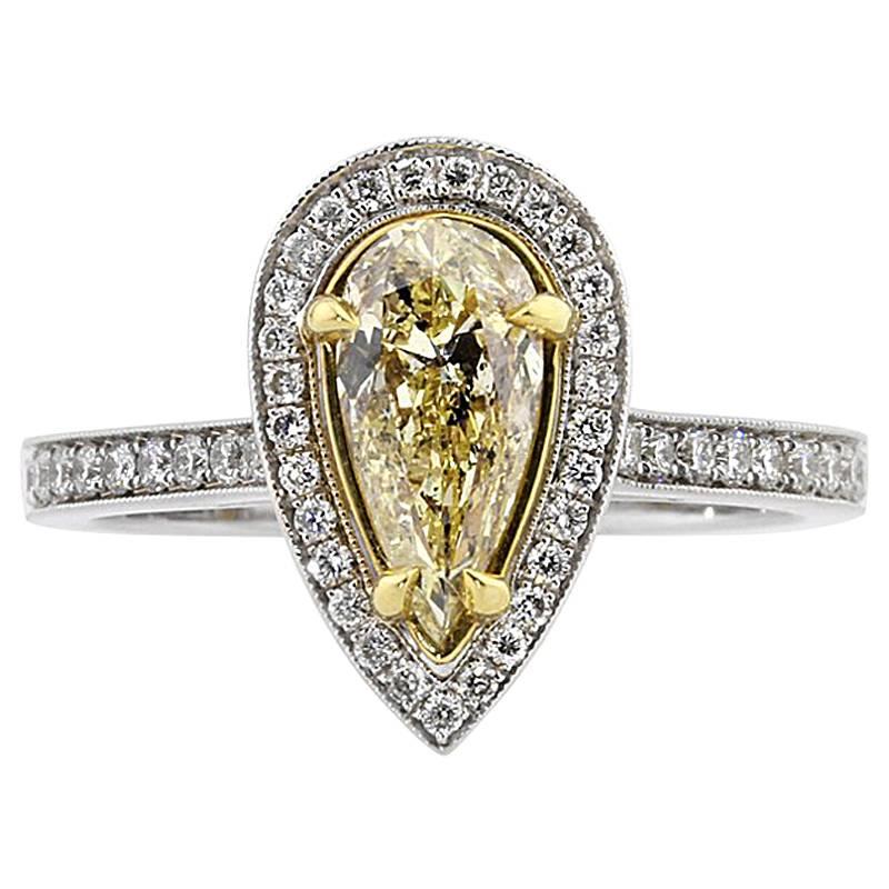 Mark Broumand 1.61 Carat Fancy Light Yellow Pear Shaped Diamond Engagement Ring