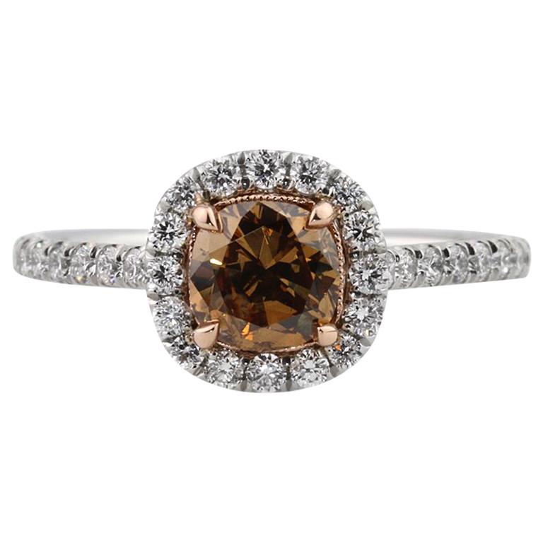 Mark Broumand 1.67 Carat Fancy Yellow Brown Cushion Cut Diamond Engagement Ring For Sale