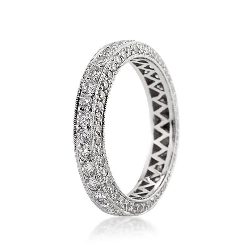 This stunning round brilliant cut diamond eternity band showcases 2.00ct of round brilliant cut diamonds graded at F, VS1-VS2. The diamonds are pave set on all three sides of this 18k white gold setting. All eternity bands are shown in a size 6.5.
