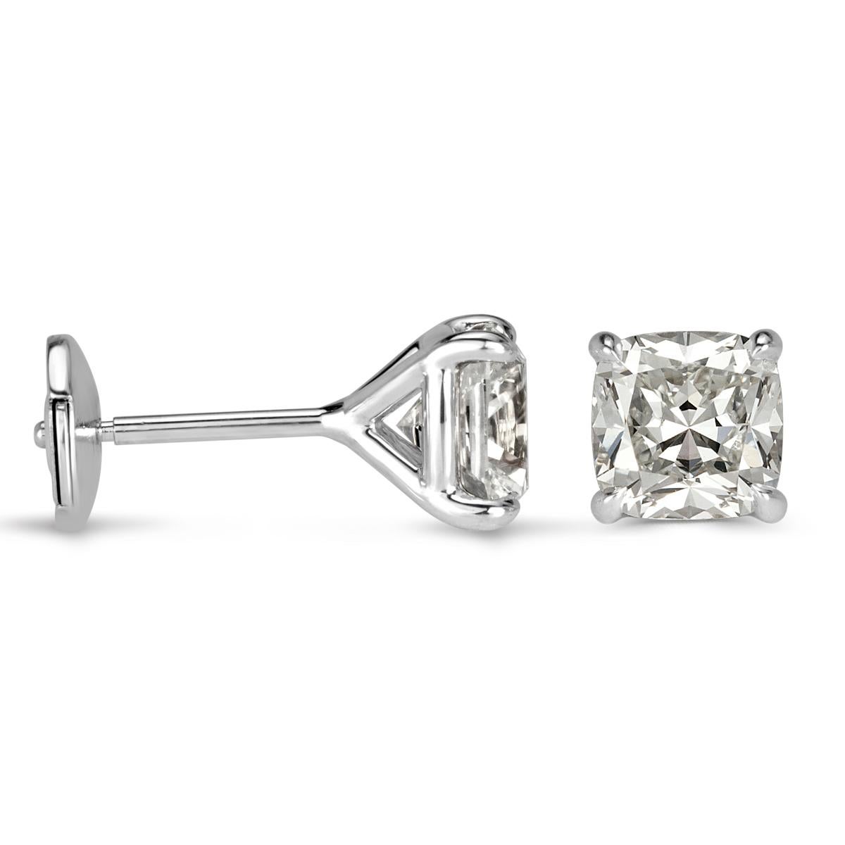 This truly ravishing pair of diamond stud earrings showcases two exquisite old Mine cut diamonds with a total weight of 2.04ct. They are each GIA certified at I, VVS1 and I-VS1 and set in a classic four-prong, 18k white gold setting.
