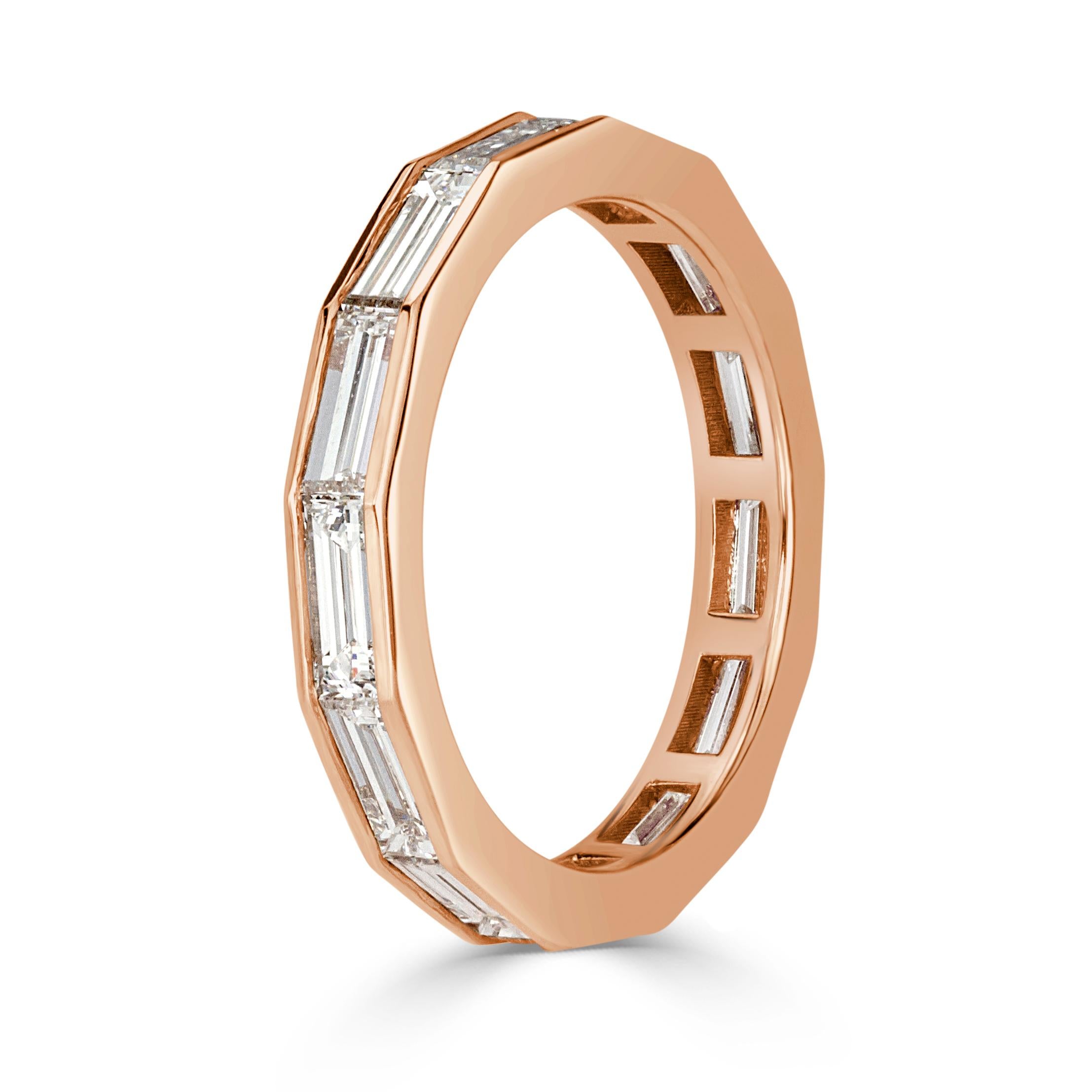 Designed in 18k rose gold, this ravishing diamond eternity band showcases 2.05ct of baguette cut diamonds graded at E-F in color, VVS2-VS1 in clarity. All eternity bands are shown in a size 6.5. We custom craft each eternity band and will create the