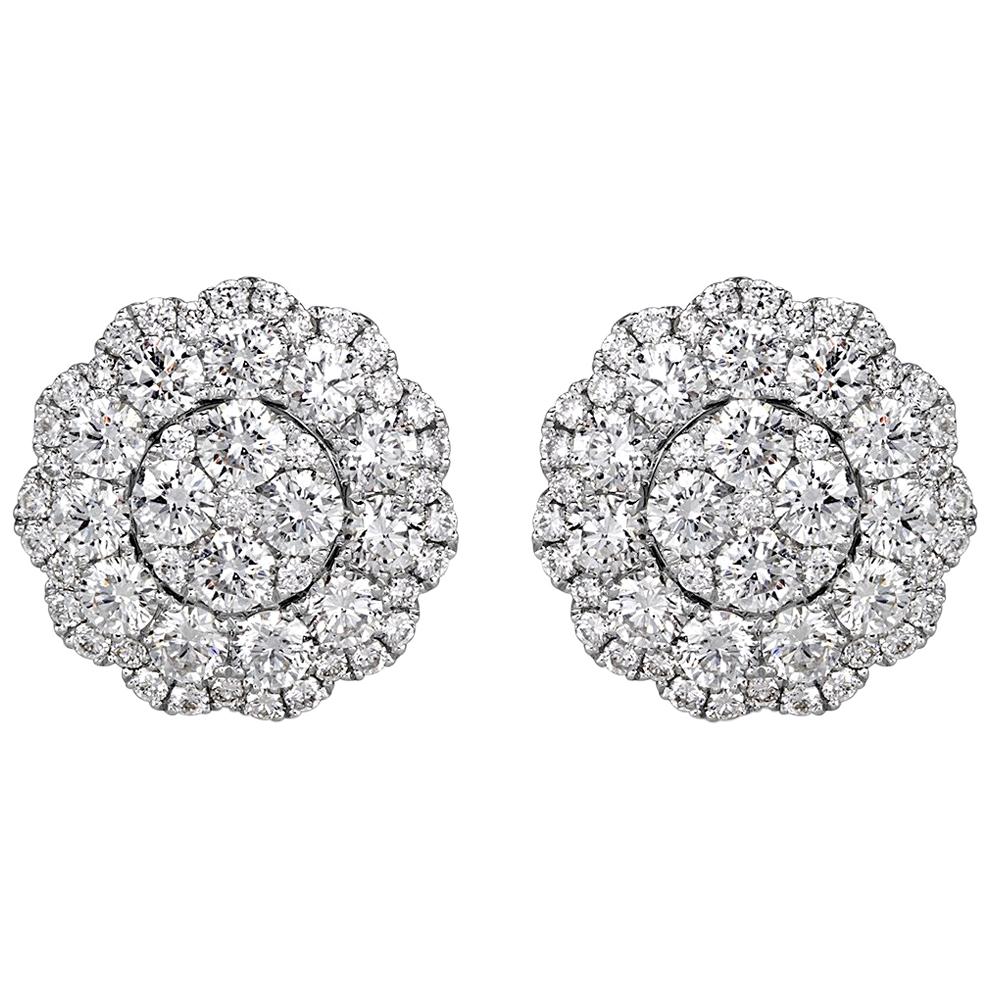 Mark Broumand 2.08 Carat Round Brilliant Cut Diamond Floral Halo Stud Earrings For Sale