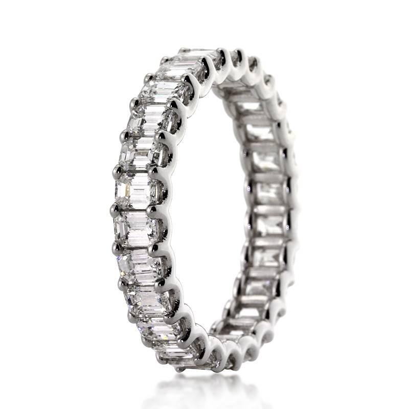 This gorgeous diamond eternity band showcases 2.40ct of perfectly matched emerald cut diamonds graded at  G-H, VS1, measuring at 4.2mm. The diamonds are set in a unique 18k white gold setting with hardly any metal showing. All eternity bands are
