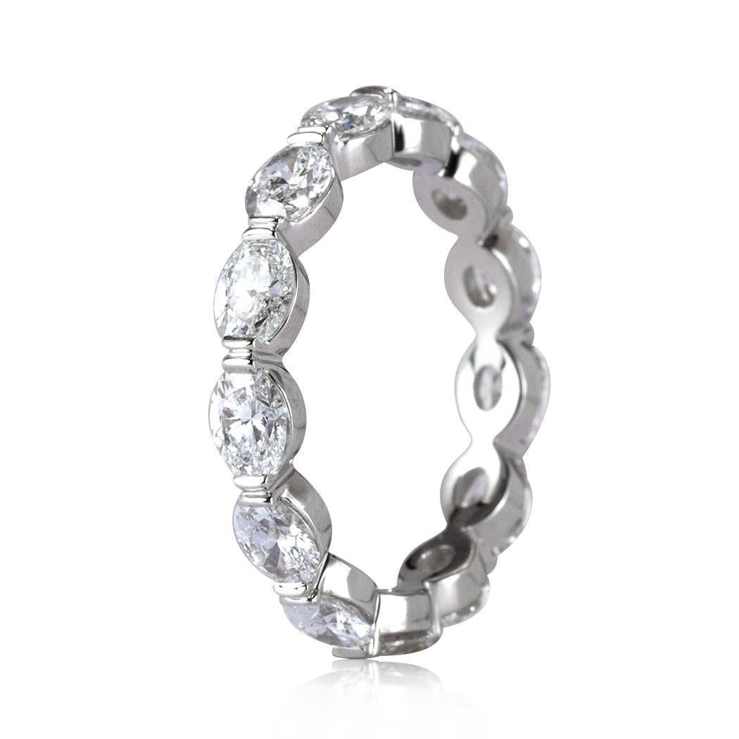 This lovely diamond eternity band is set with 2.60ct of oval cut diamonds prong set in 18k white gold. They are perfectly matched and graded at E-F, VS1-VS2. All eternity bands are shown in a size 6.5. We custom craft each eternity band and will