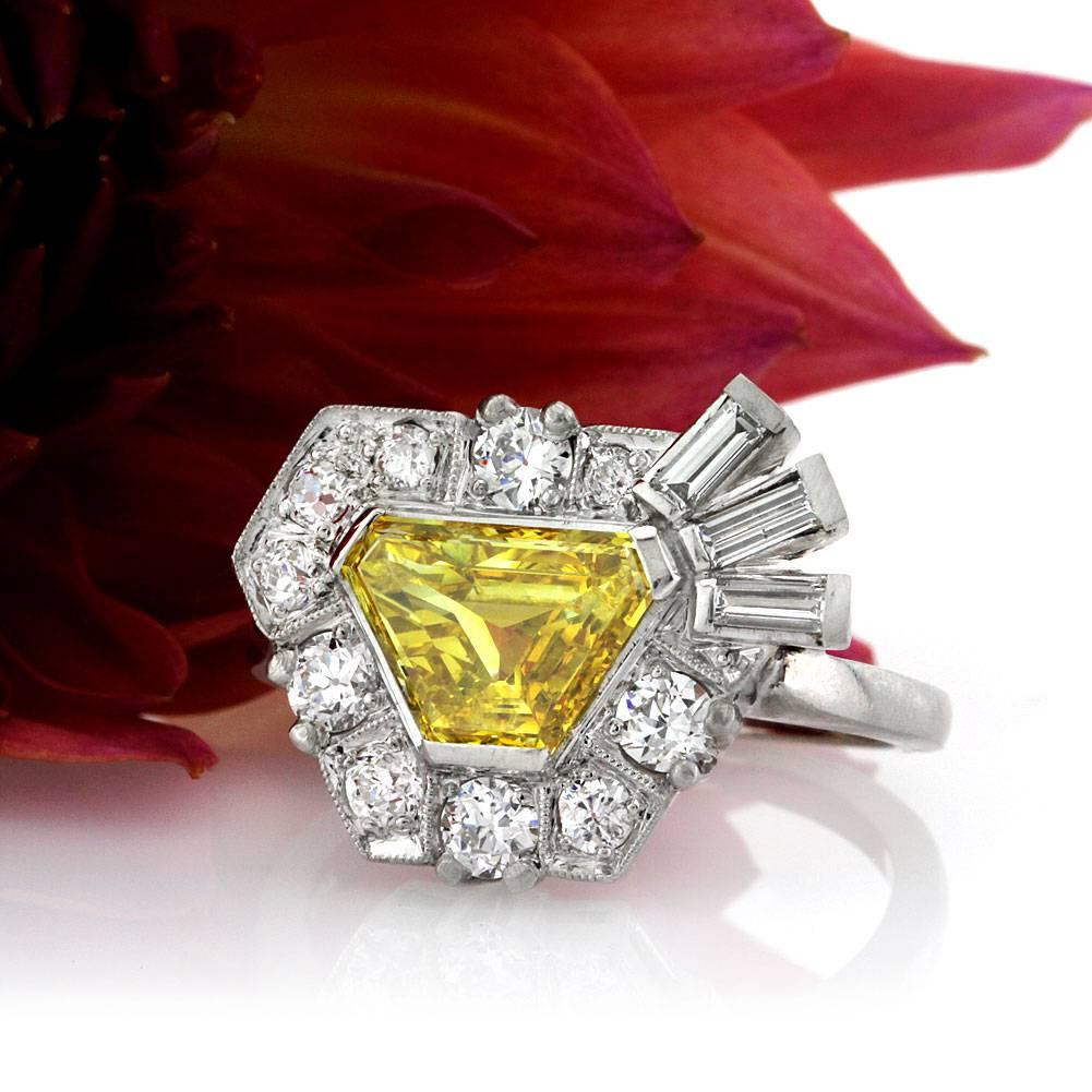 Old European Cut Mark Broumand 2.69ct Fancy Vivid Yellow Trapezoid Cut Diamond Engagement Ring
