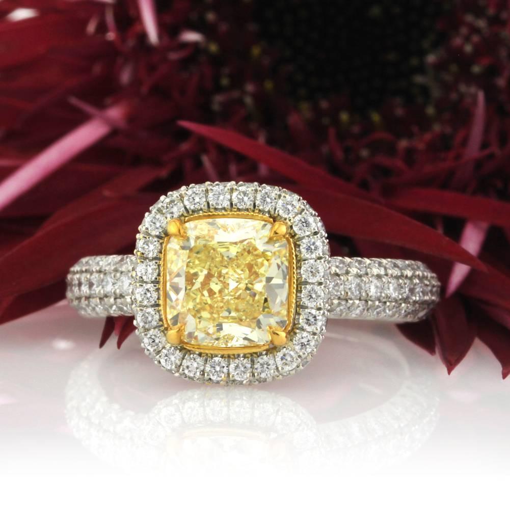 Women's or Men's Mark Broumand 2.76ct Fancy Intense Yellow Cushion Cut Diamond Engagement Ring