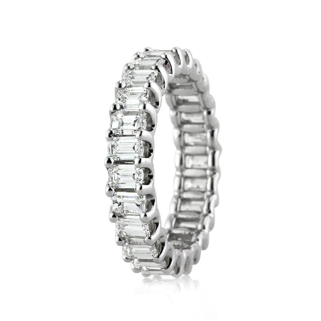 This beautiful diamond eternity band features 3.00ct of perfectly matched emerald cut diamonds certified at F-G, VVS2-VS1. The diamonds are showcased beautifully in this 18k white gold 