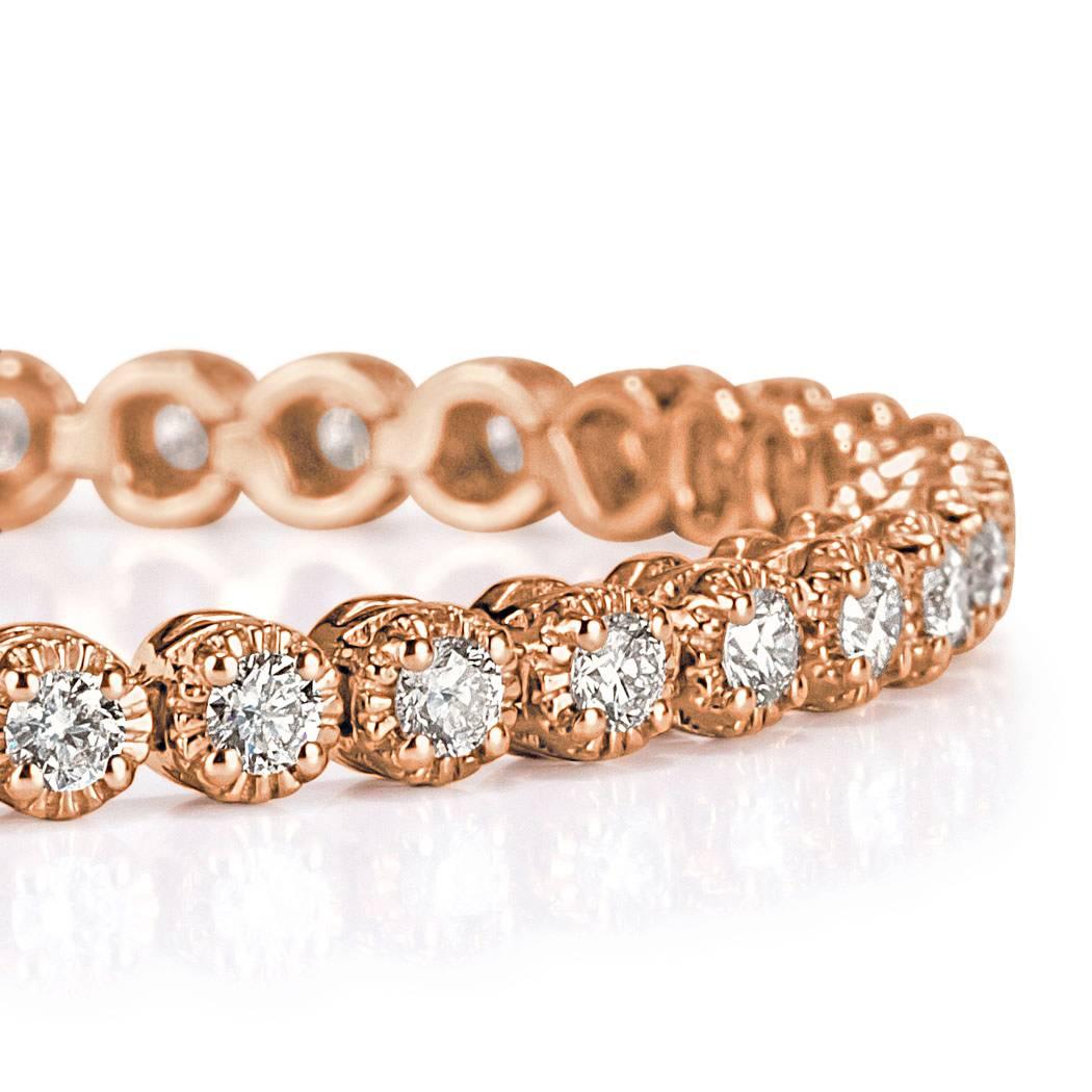 This lovely diamond tennis bracelet showcases 3.00ct of round brilliant cut diamonds bezel set in 14k rose gold. The diamonds are impeccably matched and graded at F-G in color, VS1-VS2 in clarity. 