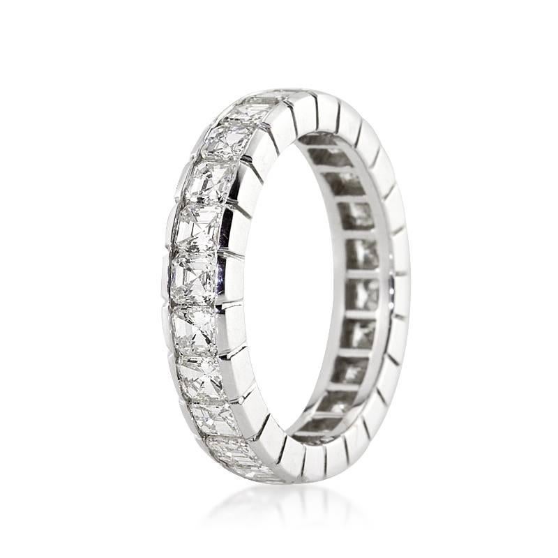 This exquisite diamond eternity band features 3.20ct of Asscher cut diamonds graded at G-H, VS1-VS2. The diamonds are impeccably matched and channel set in 18k white gold. All eternity bands are shown in a size 6.5. We custom craft each eternity