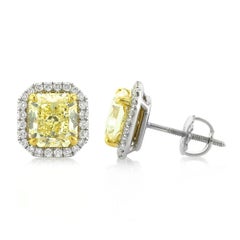 Mark Broumand 3.86 Carat Fancy Yellow Radiant Cut Diamond Halo Earrings