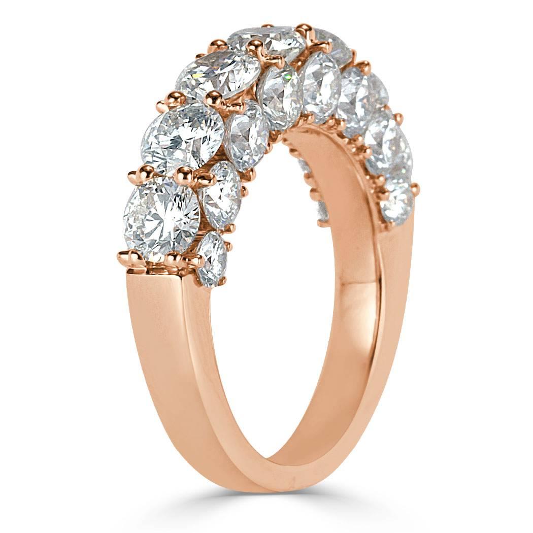 This gorgeous diamond ring features 5.15ct of round brilliant cut diamonds graded at E-F, VS1-VS2. Each diamond is hand selected and matched to perfection in this 18k rose gold setting.