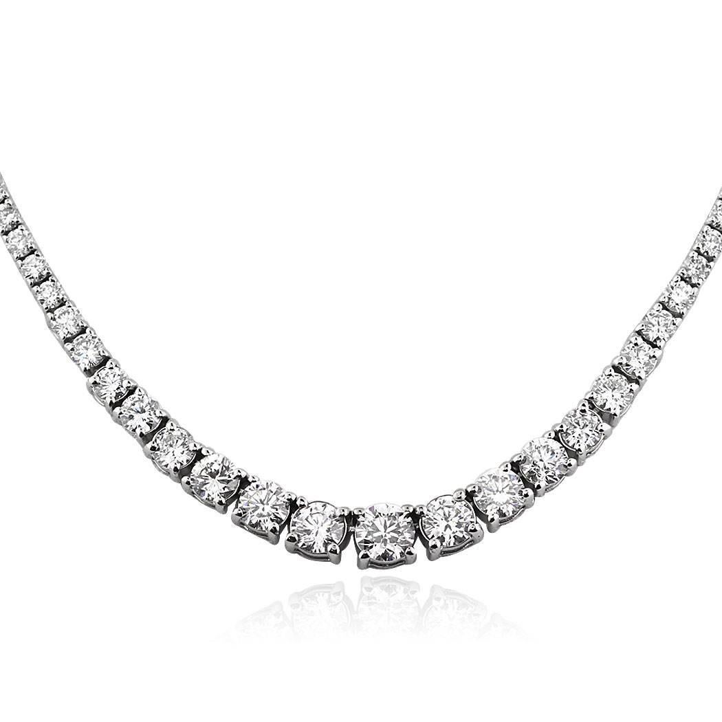 This gorgeous diamond tennis necklace features 5.35ct of round brilliant cut diamonds graduating from about half a carat in the center. The diamonds are graded at G-H, VS2-SI1 and impeccably set in 18k white gold.