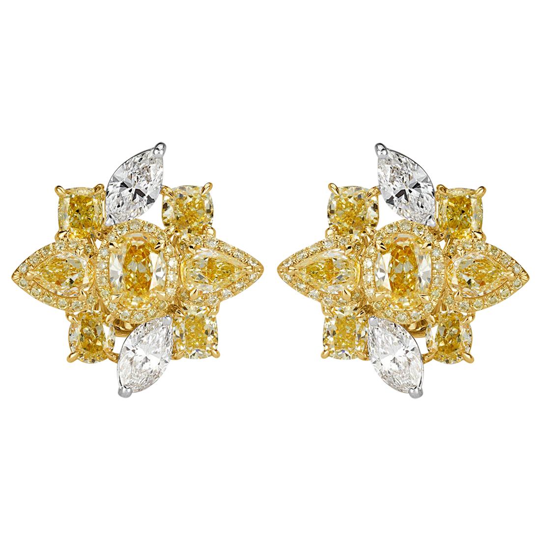 Mark Broumand 5.42 Carat Fancy Yellow and White Diamond Cluster Earrings For Sale