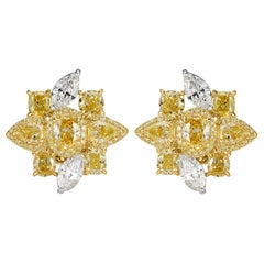 Mark Broumand 5.42 Carat Fancy Yellow and White Diamond Cluster Earrings