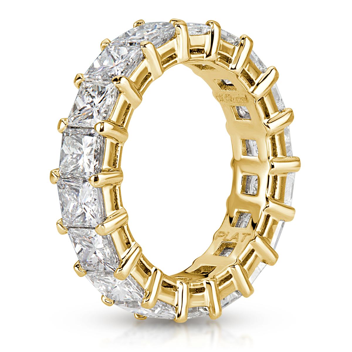 This ravishing diamond eternity band showcases 6.34ct of perfectly matched princess cut diamonds graded at F-G, VS1-VS2. The diamonds are hand set in 18k yellow gold. All eternity bands are shown in a size 6.5. We custom craft each eternity band and