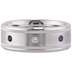 Mark Broumand Men's Sapphire and Diamond Wedding Band in 14 Karat White Gold