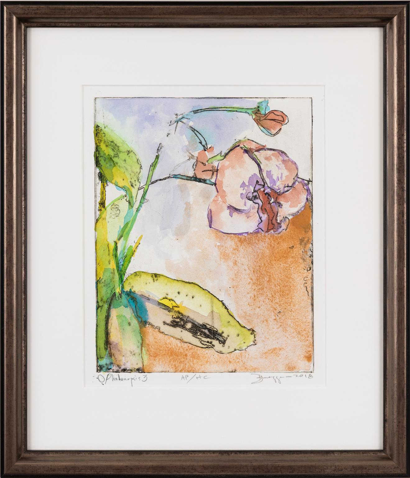 O. Phalenopsis - Peach and Purple Orchid Flower Hand-painted Print  - Painting by Mark Brueggeman