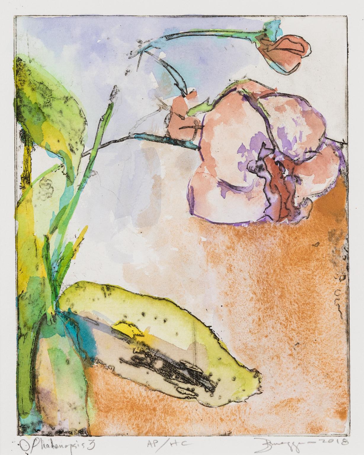 Mark Brueggeman Still-Life Painting – O. Phalenopsis - Pfirsichfarbener und lila Orchideenblumendruck, handbemalt 
