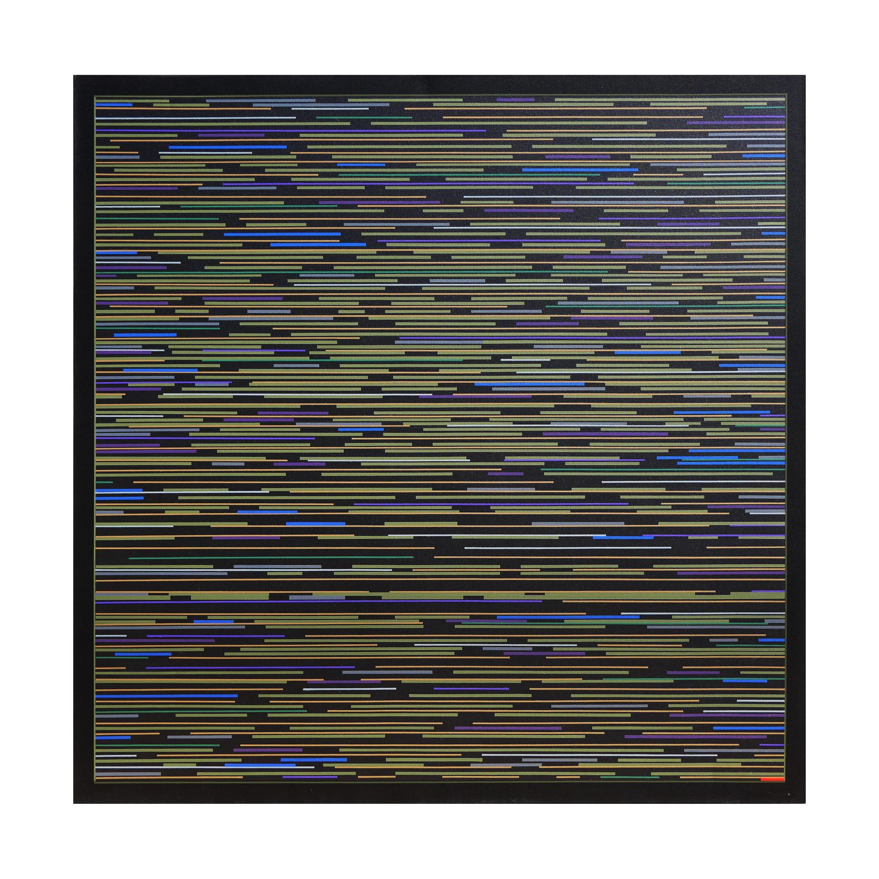 Contemporary abstract geometric painting by artist Mark Byckowski. The work is featured in a series of paintings. The work features horizontal lines with a variety of vivid colors of green, yellow, and blue, painted on a black background. Each work