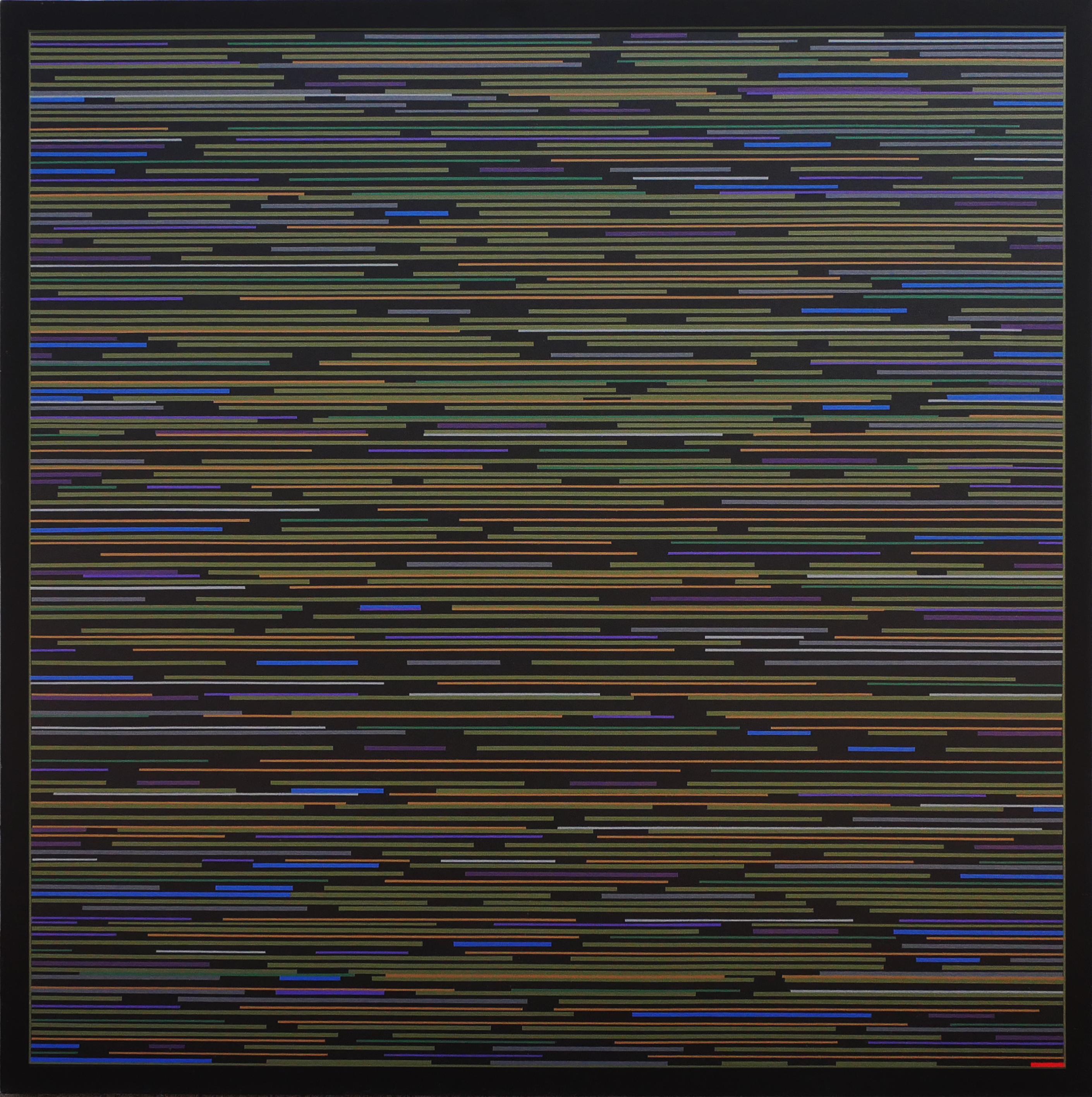 Contemporary abstract geometric painting by artist Mark Byckowski. The work is featured in a series of paintings. The work features horizontal lines with a variety of vivid colors of green, yellow, and blue, painted on a black background. Each work