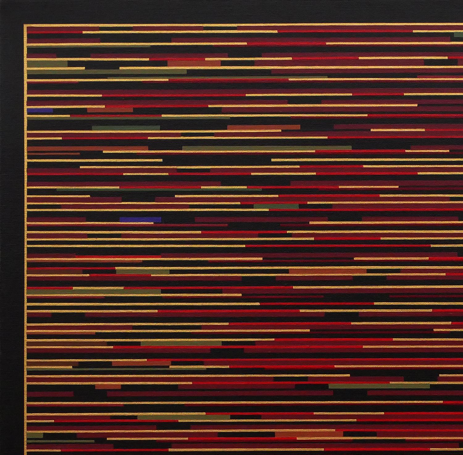 Contemporary abstract geometric painting by artist Mark Byckowski. The work is featured in a series of paintings. The work features horizontal lines with a variety of vivid colors of red, yellow, and some purple against a black background. Each work