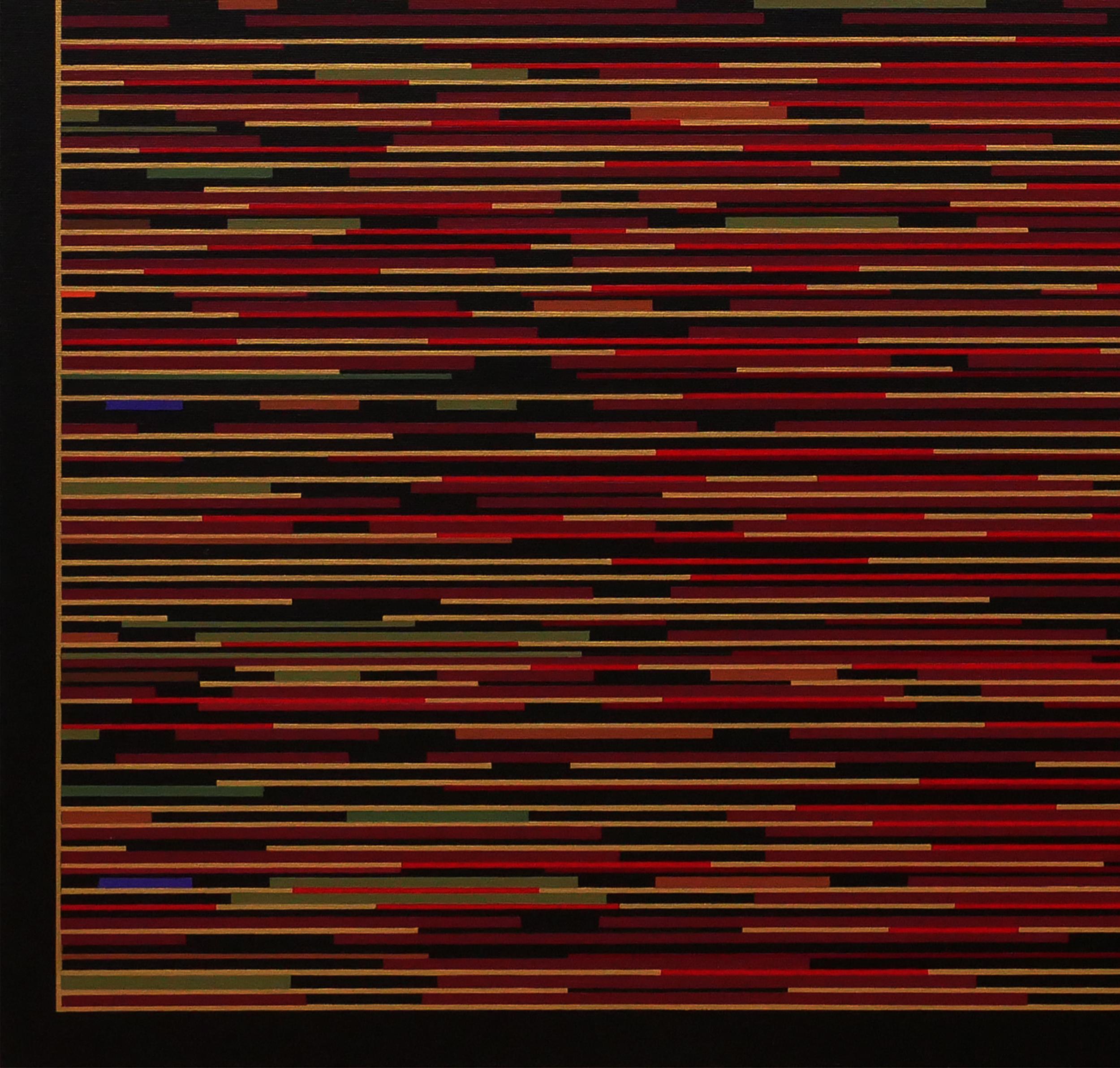 Peinture géométrique abstraite contemporaine de l'artiste Mark Byckowski. L'œuvre est présentée dans une série de tableaux. L'œuvre présente des lignes horizontales avec une variété de couleurs vives de rouge, jaune, et un peu de violet sur un fond