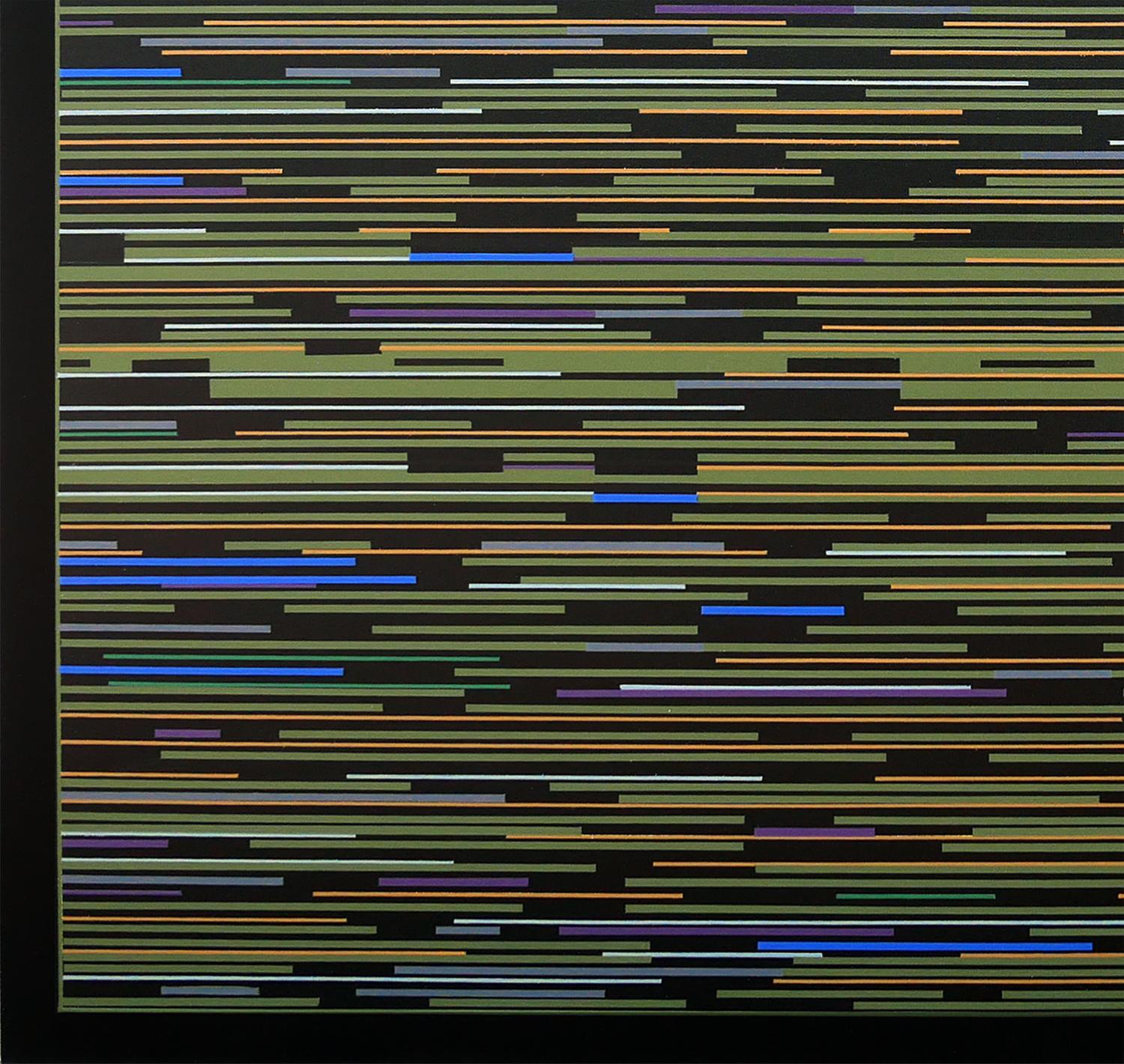 Quadro geometrico astratto contemporaneo dell'artista Mark Byckowski. L'opera è presente in una serie di dipinti. L'opera presenta linee orizzontali con una varietà di colori vivaci di verde, giallo e blu, dipinti su uno sfondo nero. Ogni opera