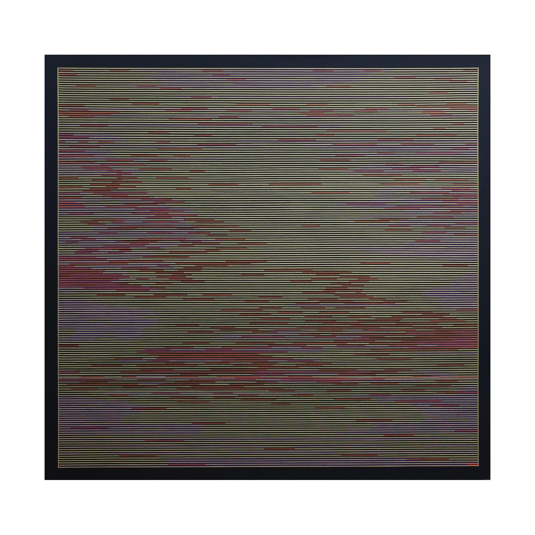 Contemporary abstract geometric painting by artist Mark Byckowski. The work features horizontal lines with a variety of vivid colors of light yellow and orange painted against a black background. Each work in the series features a bright red line at