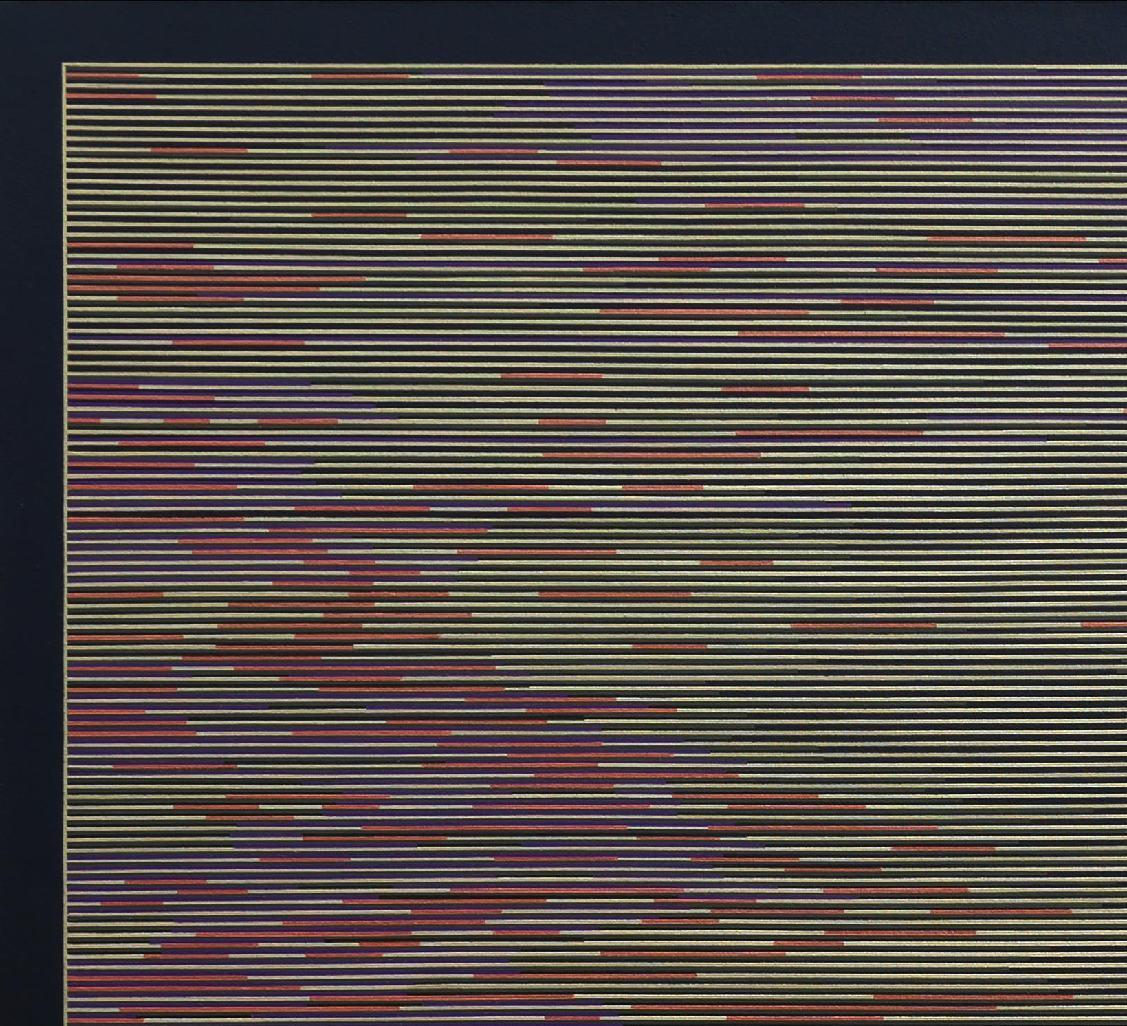 Contemporary abstract geometric painting by artist Mark Byckowski. The work features horizontal lines with a variety of vivid colors of light yellow and orange painted against a black background. Each work in the series features a bright red line at
