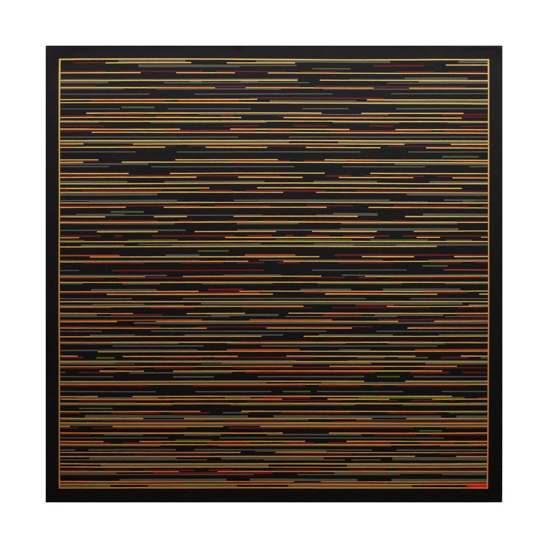 Contemporary abstract geometric painting by artist Mark Byckowski. The work is featured in a series of paintings. The work features horizontal lines with a variety of vivid colors of red, blue, green, and yellow, painted on a black background. Each