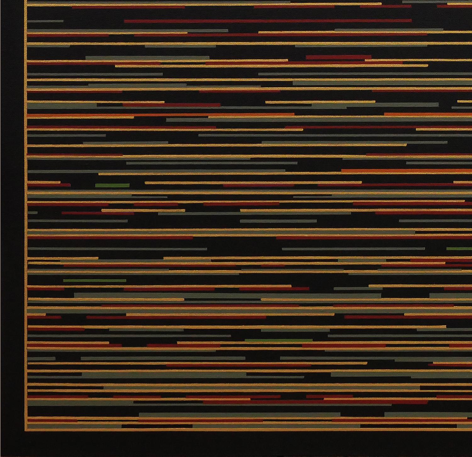 Zeitgenössische abstrakte geometrische Malerei des Künstlers Mark Byckowski. Das Werk ist in einer Reihe von Gemälden zu sehen. Das Werk zeigt horizontale Linien mit einer Vielzahl von lebhaften Farben wie Rot, Blau, Grün und Gelb auf einem