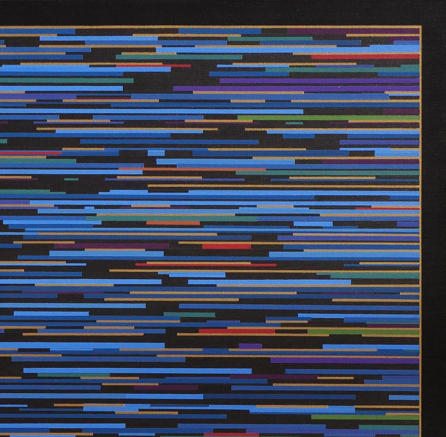 Pintura geométrica abstracta contemporánea del artista Mark Byckowski. La obra aparece en una serie de cuadros. La obra presenta líneas horizontales con una variedad de vivos colores azul, morado, rojo y verde, pintados sobre un fondo negro. Cada