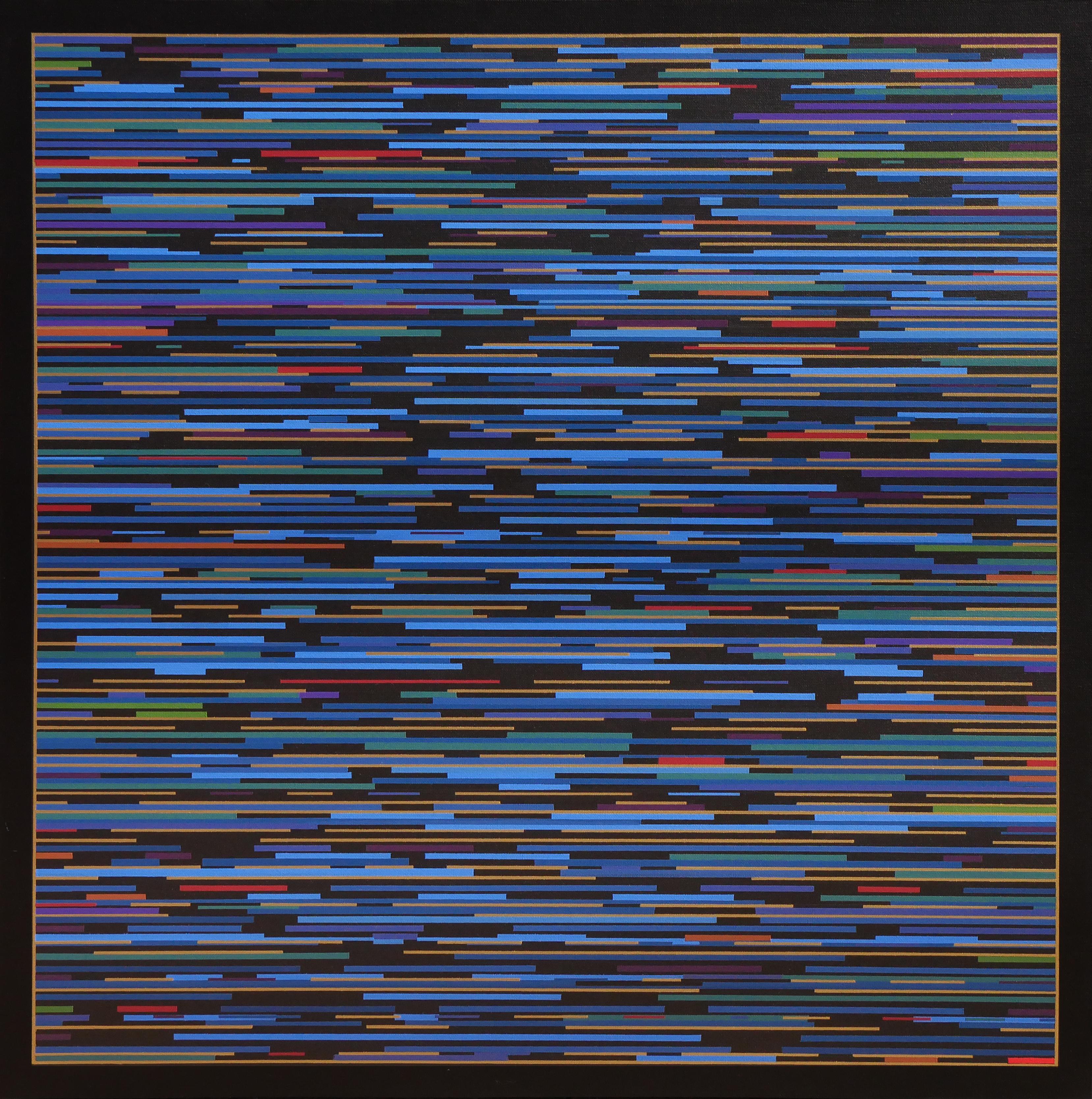 Contemporary abstract geometric painting by artist Mark Byckowski. The work is featured in a series of paintings. The work features horizontal lines with a variety of vivid colors of blue, purple, red, and green, painted on a black background. Each