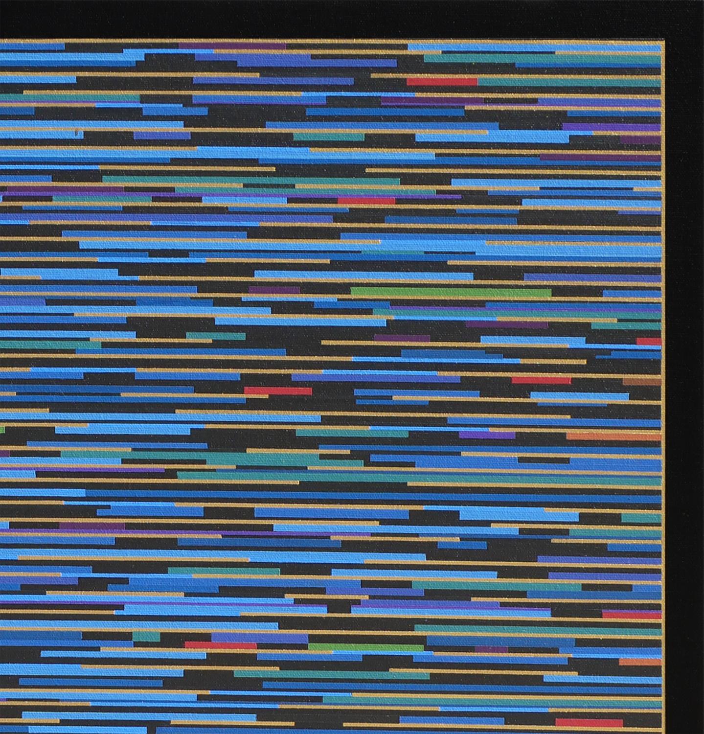 Pintura geométrica abstracta contemporánea del artista Mark Byckowski. La obra aparece en una serie de cuadros. La obra presenta líneas horizontales con una variedad de vivos colores azul, verde y amarillo sobre un fondo negro. Cada obra de la serie