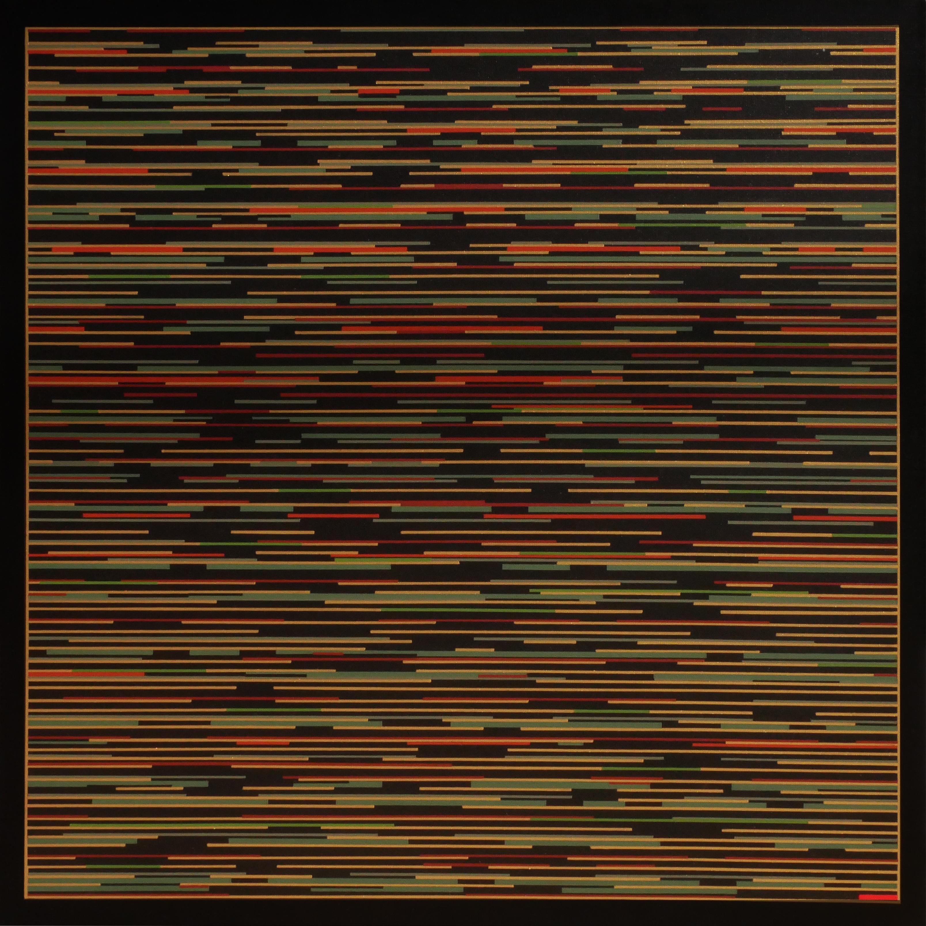 Contemporary abstract geometric painting by artist Mark Byckowski. The work is featured in a series of paintings. The work features horizontal lines with a variety of vivid colors of yellow, red, and green against a black background. Each work in