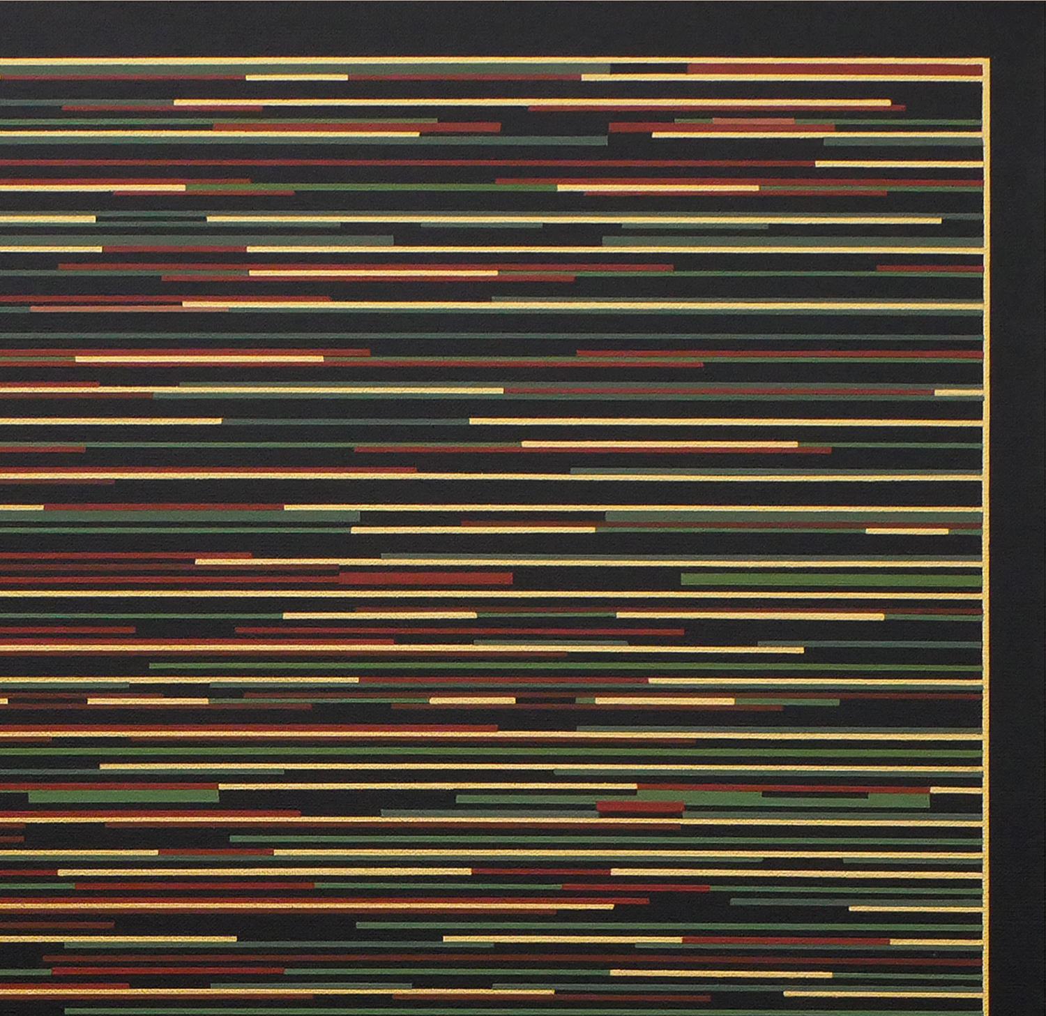 Zeitgenössische abstrakte geometrische Malerei des Künstlers Mark Byckowski. Das Werk ist in einer Reihe von Gemälden zu sehen. Das Werk zeigt horizontale Linien mit einer Vielzahl von lebhaften Farben wie Rot, Blau, Grün und Gelb auf einem