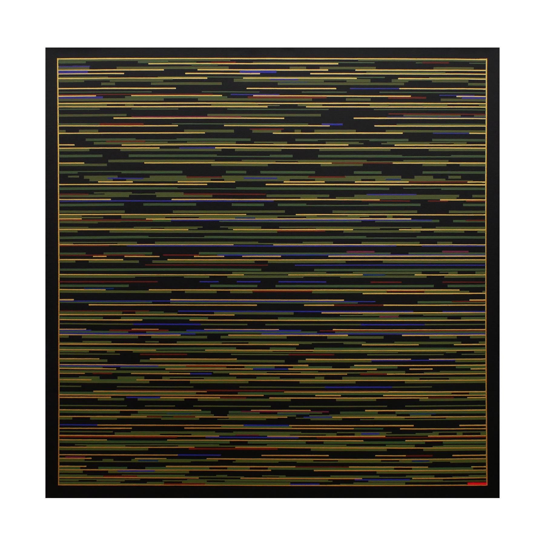 Contemporary abstract geometric painting by artist Mark Byckowski. The work is featured in a series of paintings. The work features horizontal lines with a variety of vivid colors of red, blue, green, and yellow, painted on a black background. Each