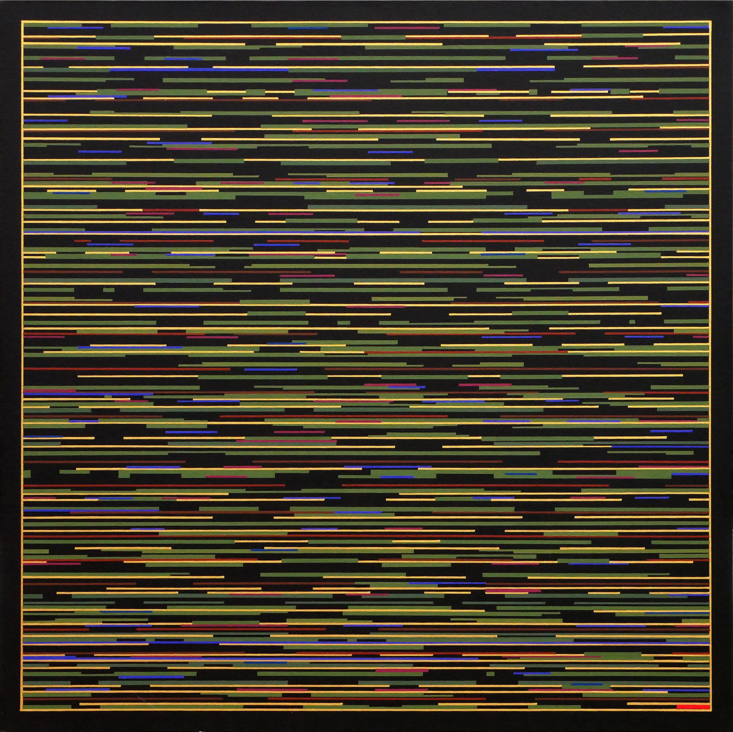 "VM 5" Pintura abstracta contemporánea a rayas verdes, amarillas y azules
