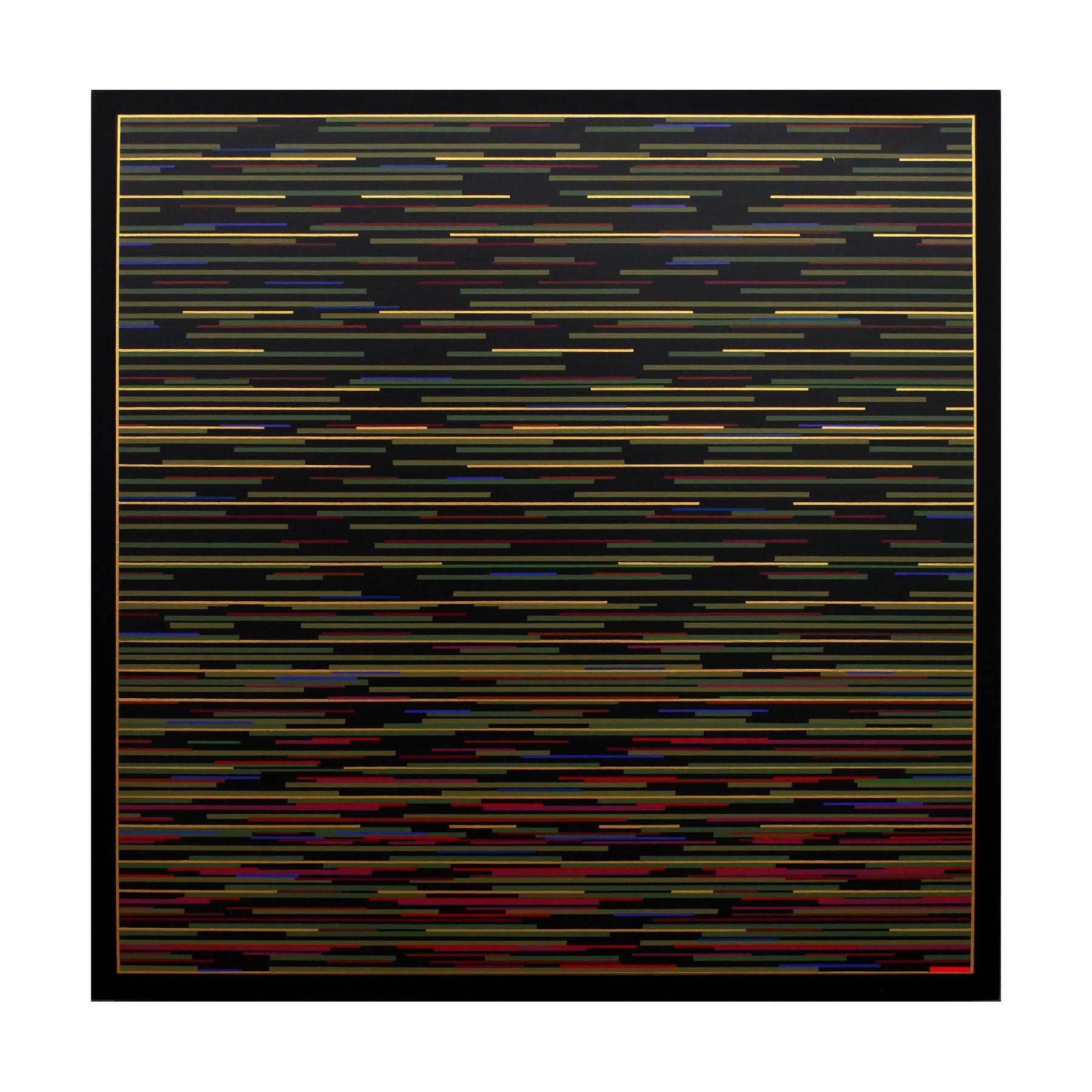 Contemporary abstract geometric painting by artist Mark Byckowski. The work is featured in a series of paintings. The work features horizontal lines with a variety of vivid colors of green, yellow, and blue against a black background. Each work in