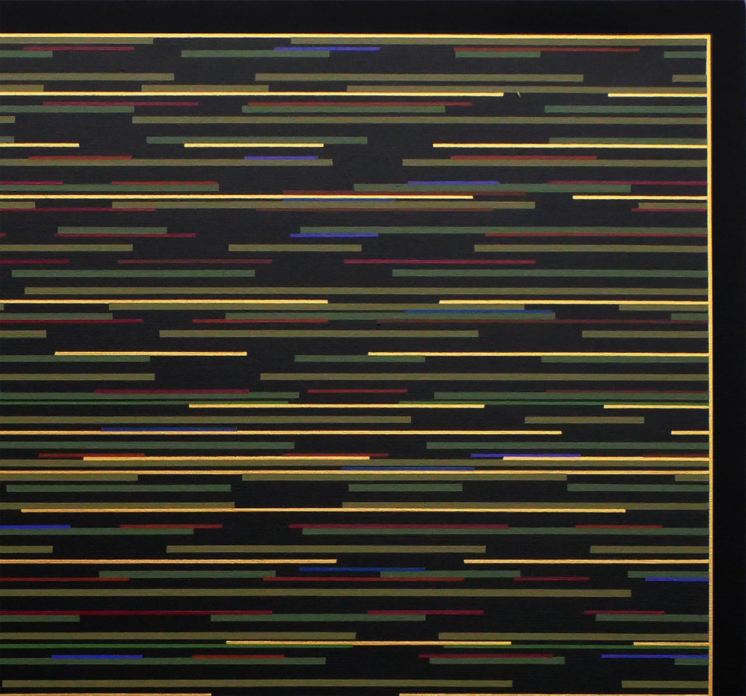 Peinture géométrique abstraite contemporaine de l'artiste Mark Byckowski. L'œuvre est présentée dans une série de tableaux. L'œuvre présente des lignes horizontales avec une variété de couleurs vives de vert, jaune et bleu sur un fond noir. Chaque