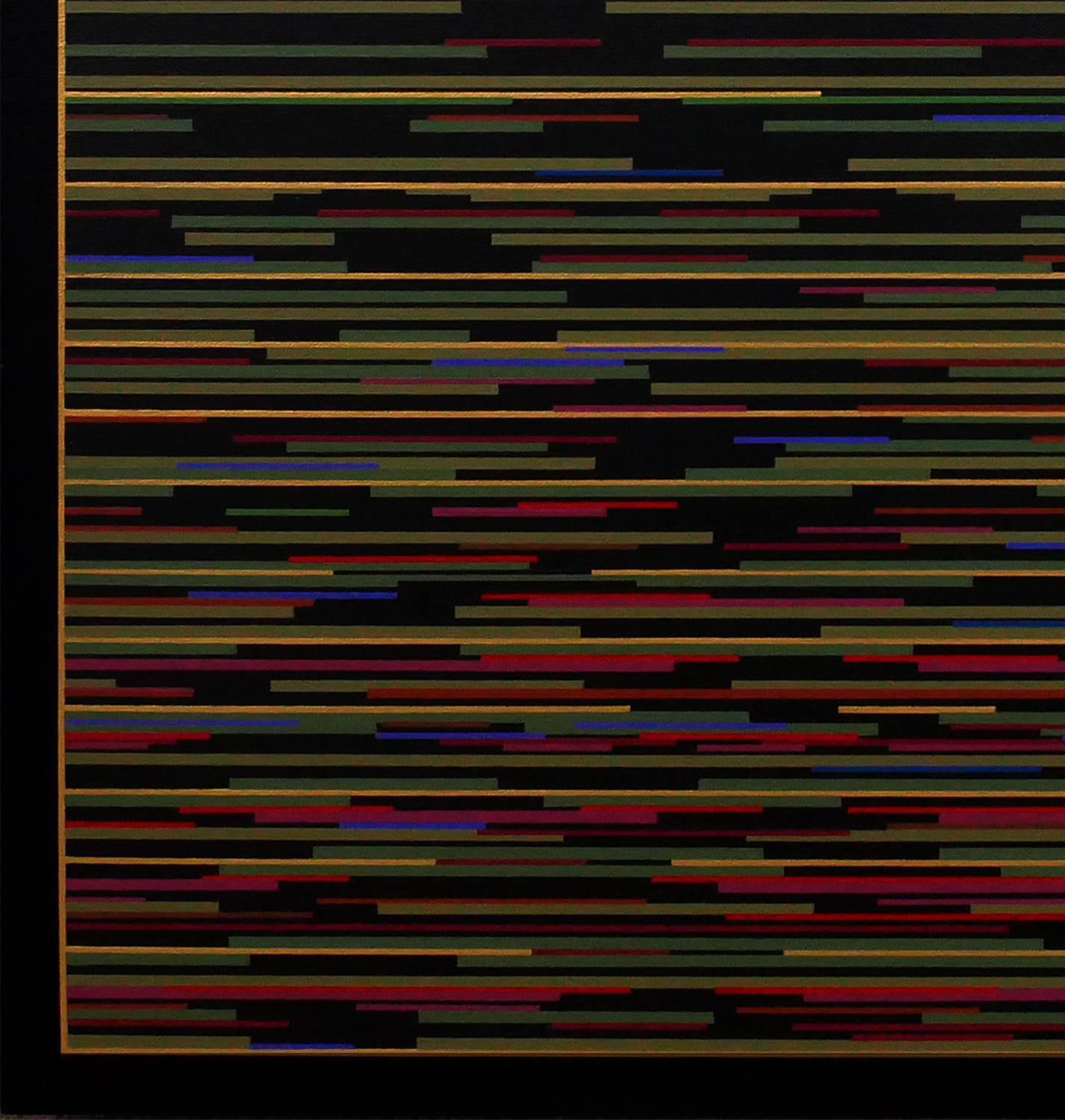 Zeitgenössische abstrakte geometrische Malerei des Künstlers Mark Byckowski. Das Werk ist in einer Reihe von Gemälden zu sehen. Das Werk zeigt horizontale Linien mit einer Vielzahl von lebhaften Farben wie Grün, Gelb und Blau vor einem schwarzen